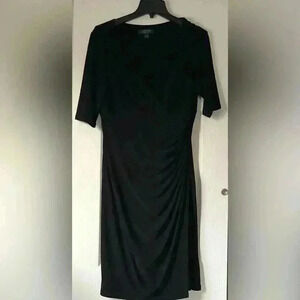 Lauren Ralph Lauren Black Dress Size 12 Faux Wrap Ruched Draped 3/4 LBD